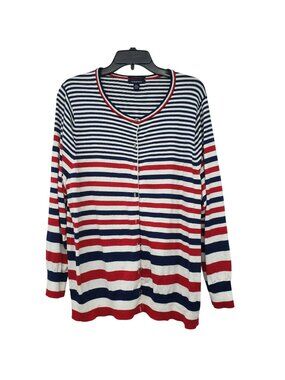 Lands End 100% Supima Cotton Navy Blue Red White Stripe Button Front Cardigan 2X